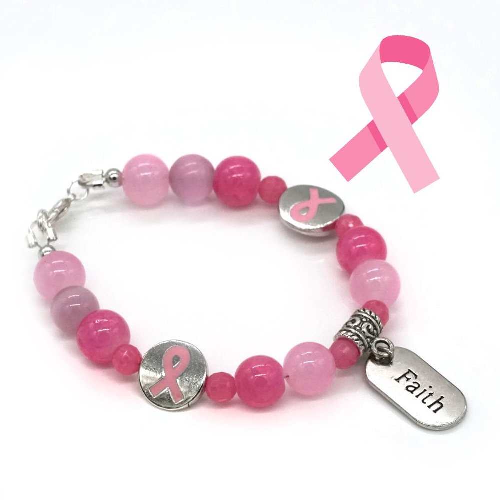 Bracelet with pink ribbon beads.